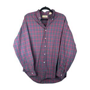 Vintage L.L. Bean Maroon Green Plaid Button Down Long Sleeve Shirt Size Large